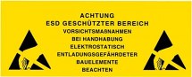 Znak stacji roboczych ESD, język niemiecki, z otworami do powieszenia.